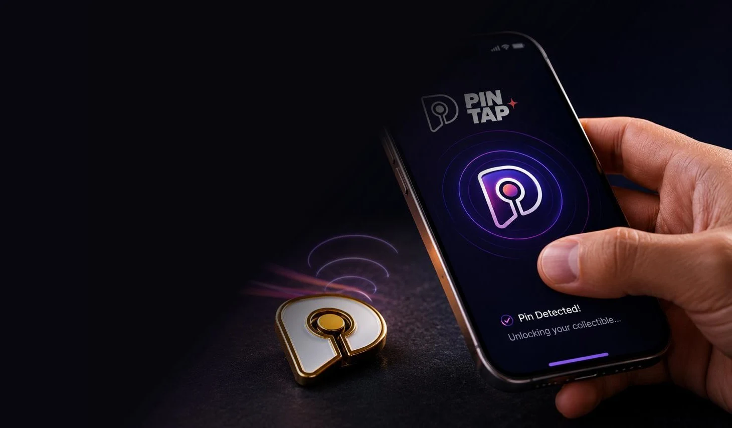 A hand holding a phone detecting a PinTap collectible pin